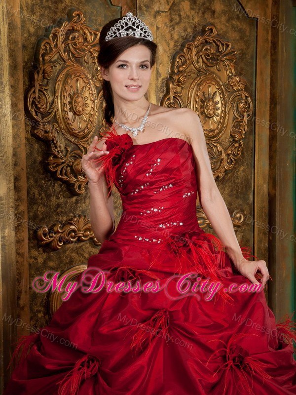 New Arrival Strapless Feather Flowers Wine Red Quinceanera Gowns