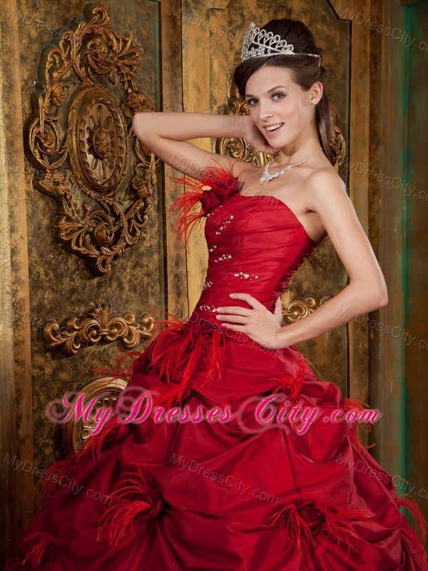 New Arrival Strapless Feather Flowers Wine Red Quinceanera Gowns