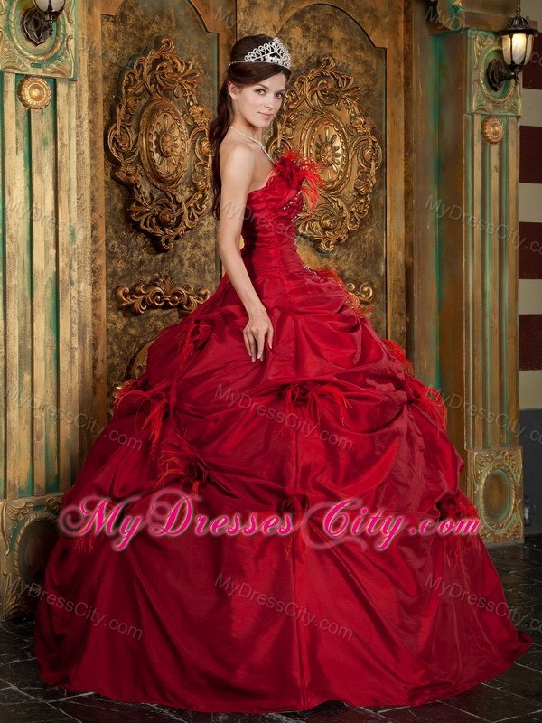 New Arrival Strapless Feather Flowers Wine Red Quinceanera Gowns