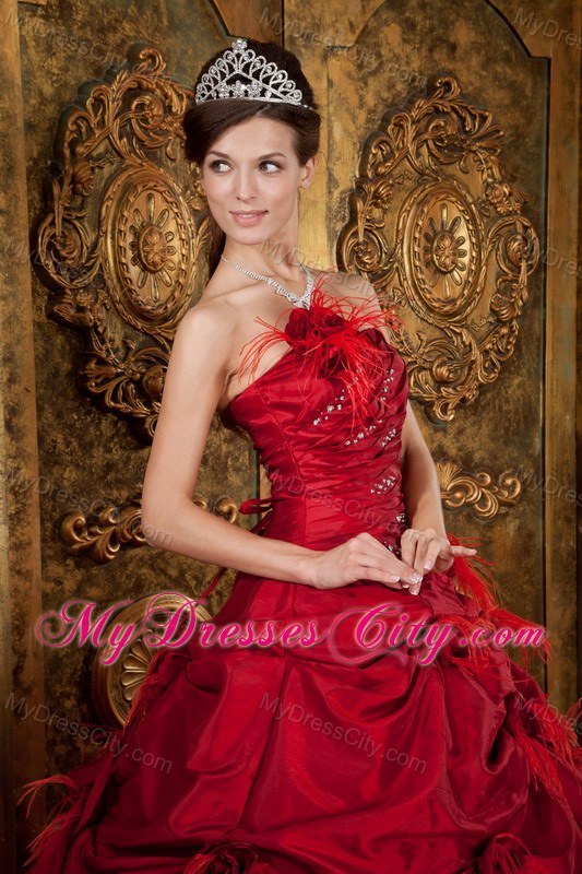 New Arrival Strapless Feather Flowers Wine Red Quinceanera Gowns