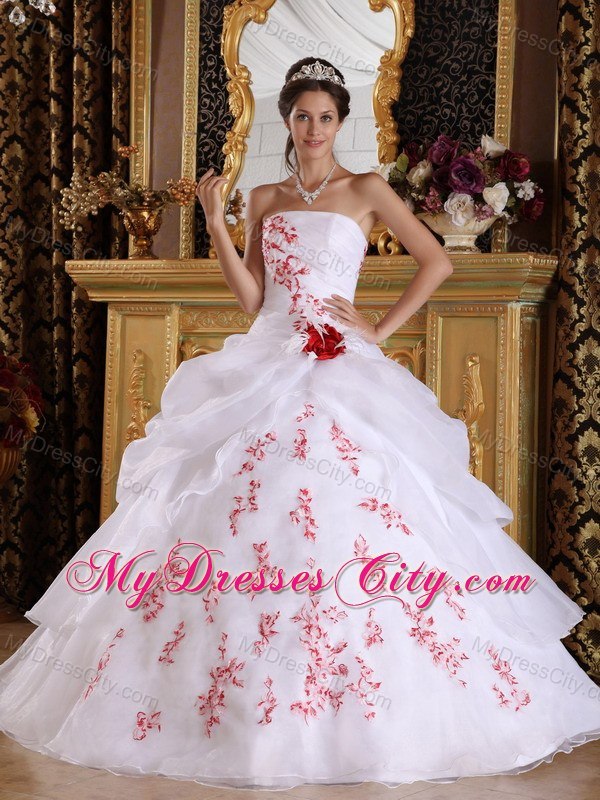 Red Embroidery Strapless Pick Ups White Quinceanera Dresses 2013