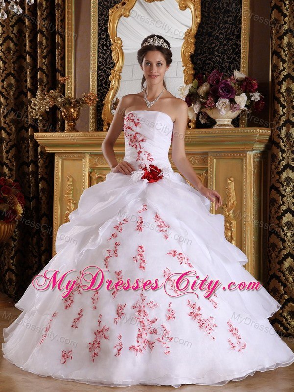 Red Embroidery Strapless Pick Ups White Quinceanera Dresses 2013