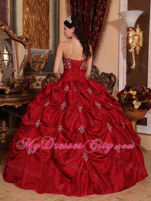 Puffy Strapless Appliques Pick Ups Wine Red Quinceanera Gowns