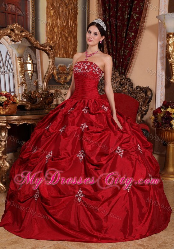 Puffy Strapless Appliques Pick Ups Wine Red Quinceanera Gowns
