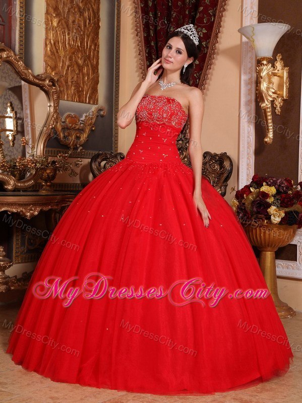 Beaded Strapless Ball Gowns Red Quinceanera Gowns For Cheap ...