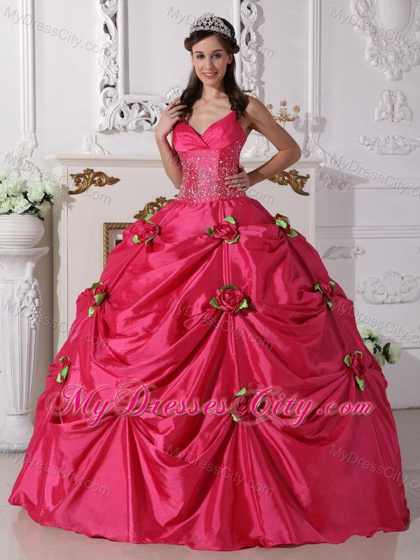 Spaghetti Straps Beaded Flowers Hot Pink 2013 Sweetheart 16 Dresses