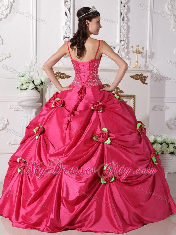 Spaghetti Straps Beaded Flowers Hot Pink 2013 Sweetheart 16 Dresses