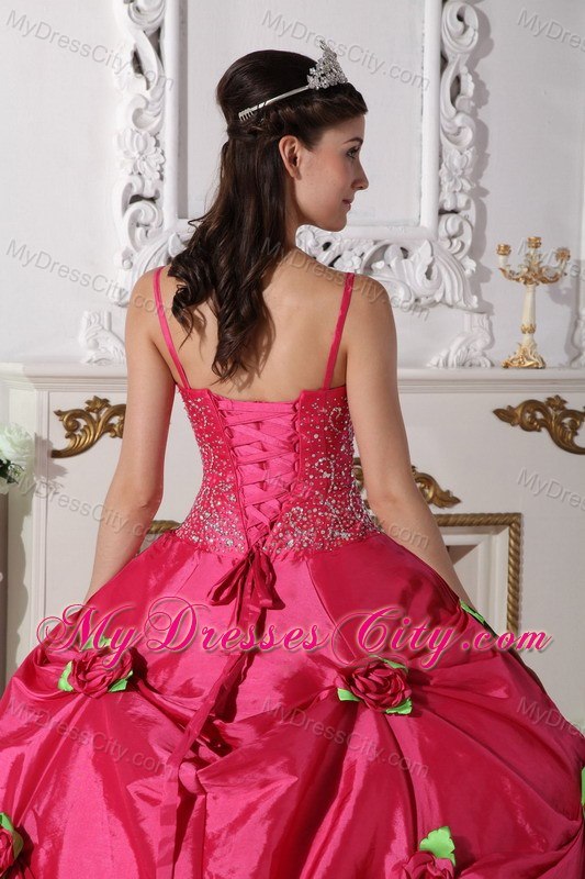 Spaghetti Straps Beaded Flowers Hot Pink 2013 Sweetheart 16 Dresses