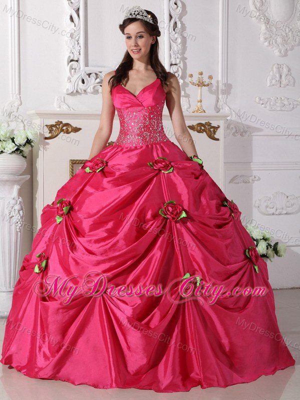 Spaghetti Straps Beaded Flowers Hot Pink 2013 Sweetheart 16 Dresses