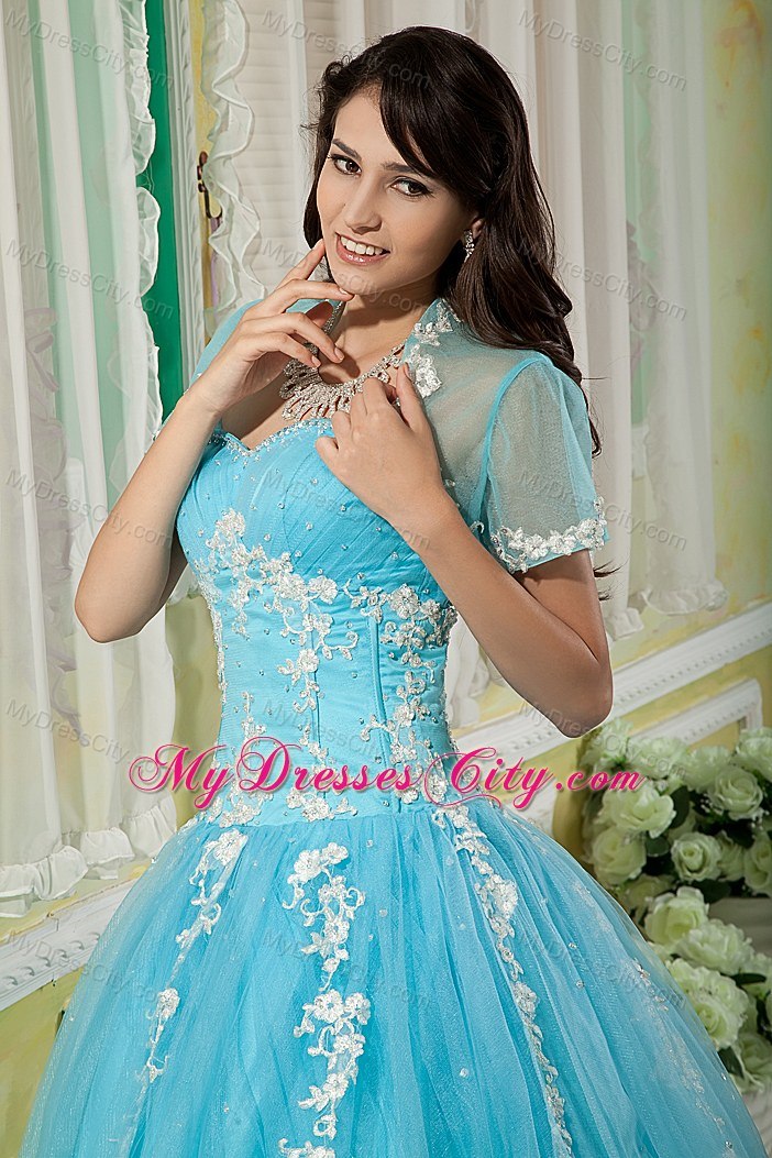 Sweetheart Appliques Tulle Aqua Blue Quinceanera Dress With Jacket