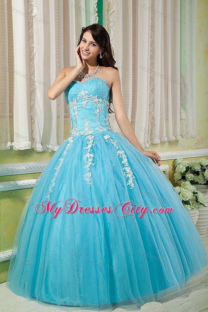 Sweetheart Appliques Tulle Aqua Blue Quinceanera Dress With Jacket