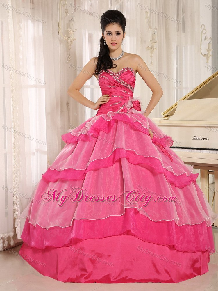 Sweetheart Beaded Flowers Hot Pink Quinceanera Gowns With Tiers