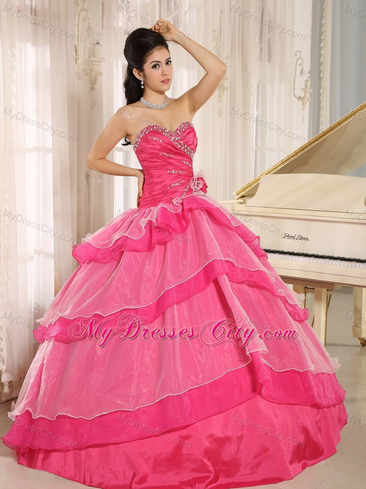Sweetheart Beaded Flowers Hot Pink Quinceanera Gowns With Tiers