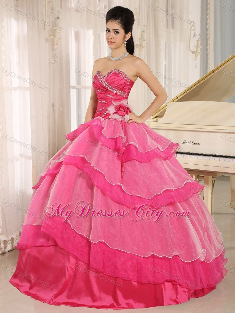 Sweetheart Beaded Flowers Hot Pink Quinceanera Gowns With Tiers