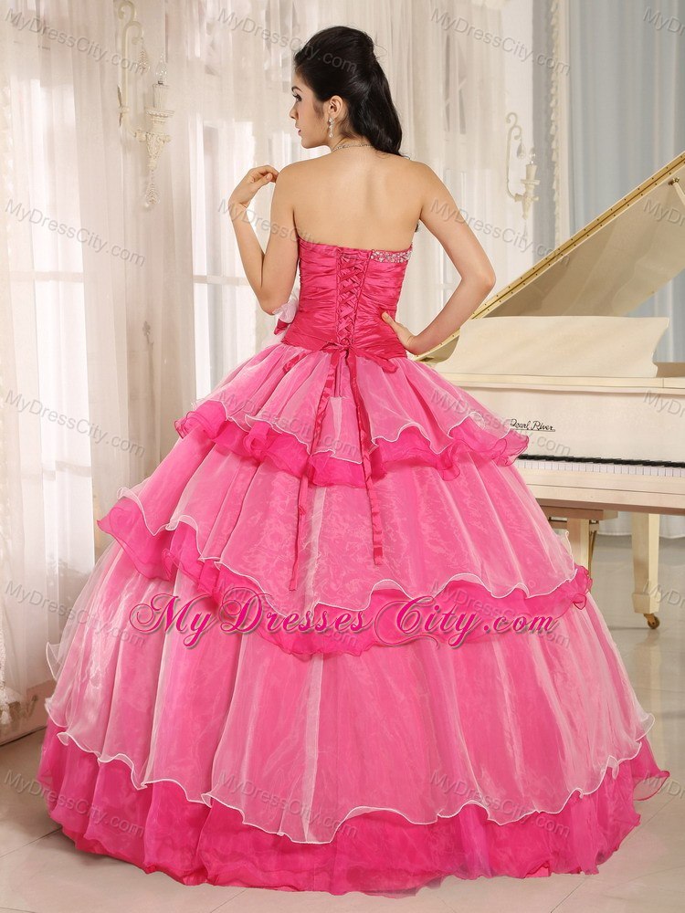 Sweetheart Beaded Flowers Hot Pink Quinceanera Gowns With Tiers