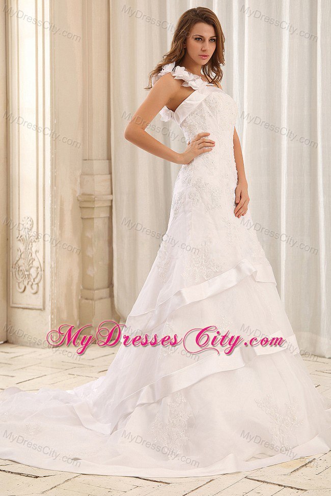 One Shoulder flowers Appliques Wedding Gowns With Tiered