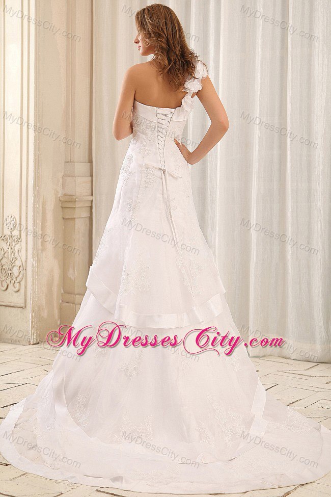 One Shoulder flowers Appliques Wedding Gowns With Tiered