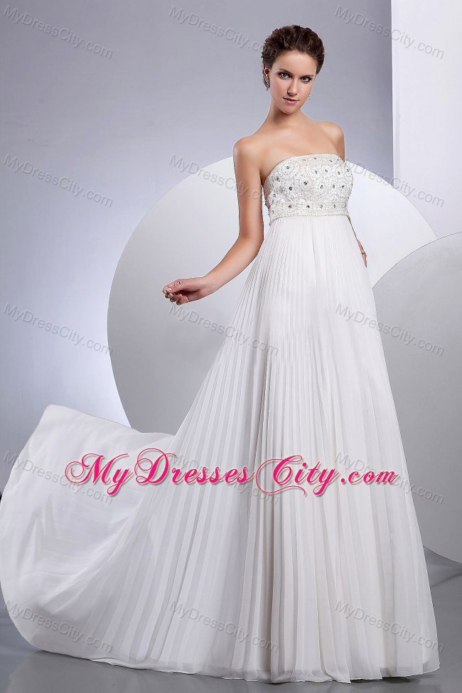 Beading Empire Strapless Pleating Court Train Chiffon Bridal Gown