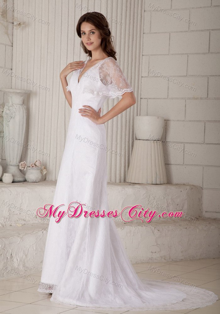 Spaghetti Straps V-neck Button Down Back Wedding Gowns with Lace Wraps