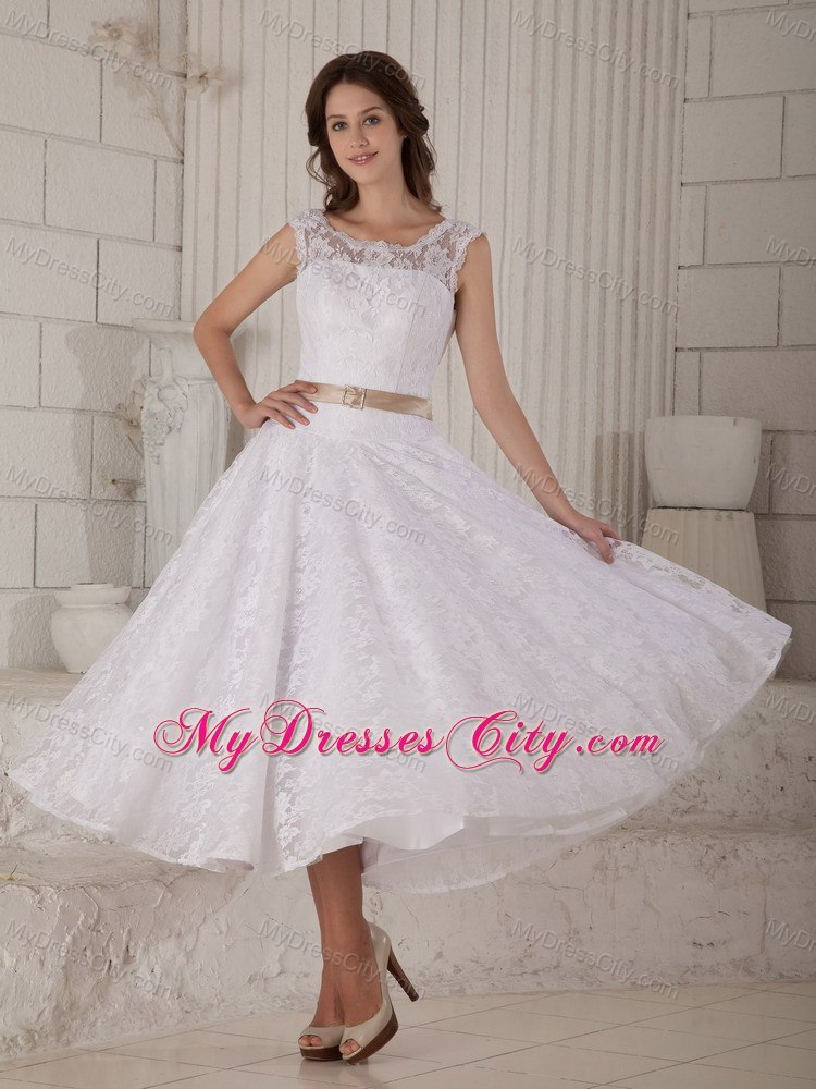 Princess Lace Scoop Tea-length Clasp Handle Back Bridal Dresses with Satin Belt