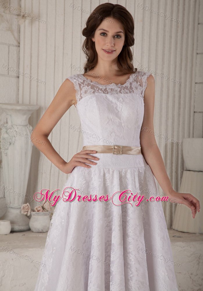 Princess Lace Scoop Tea-length Clasp Handle Back Bridal Dresses with Satin Belt
