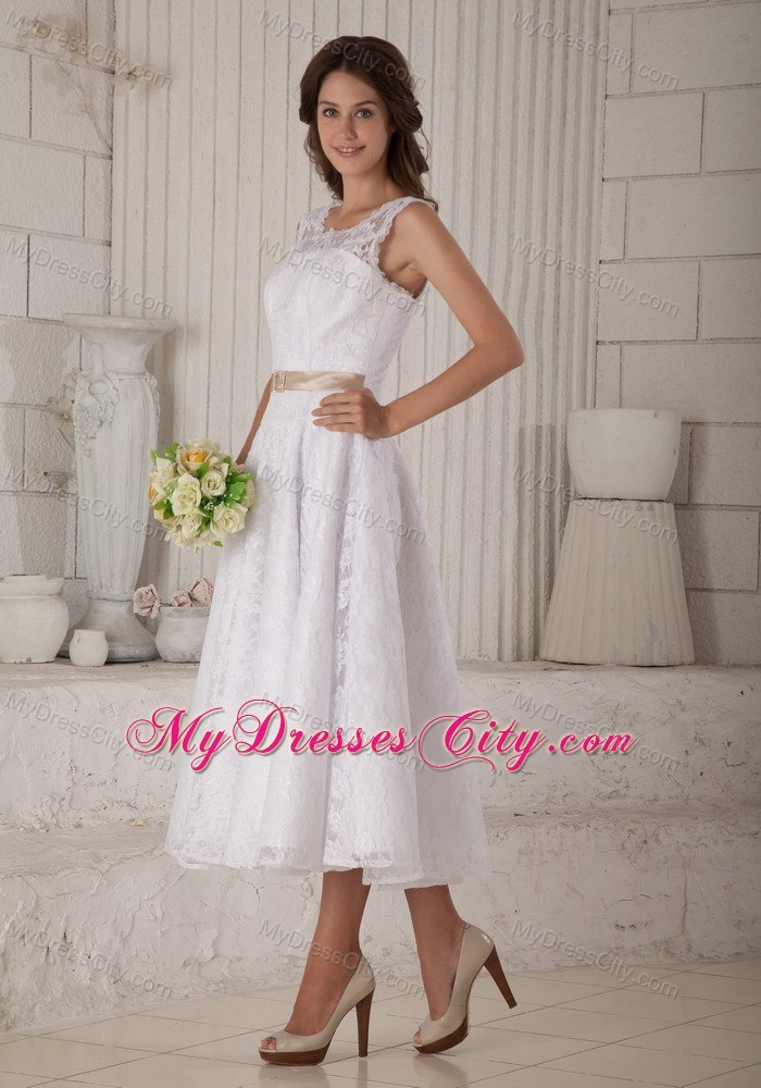 Princess Lace Scoop Tea-length Clasp Handle Back Bridal Dresses with Satin Belt