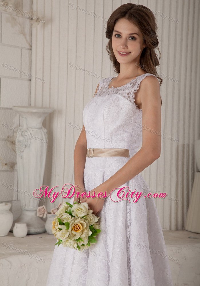 Princess Lace Scoop Tea-length Clasp Handle Back Bridal Dresses with Satin Belt