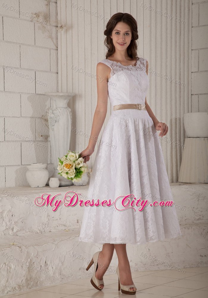 Princess Lace Scoop Tea-length Clasp Handle Back Bridal Dresses with Satin Belt