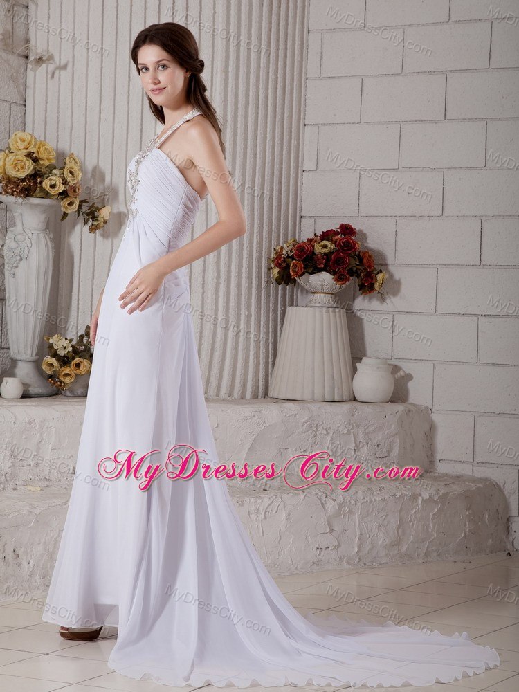 Beading Halter Top Ruching Wedding Dress with The Back Covered