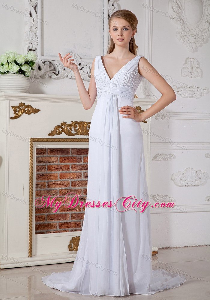 Ruching V-neck Watteau Train Chiffon Back Out Bridal Gowns