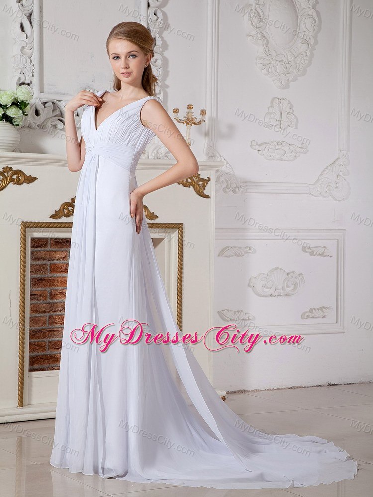 Ruching V-neck Watteau Train Chiffon Back Out Bridal Gowns