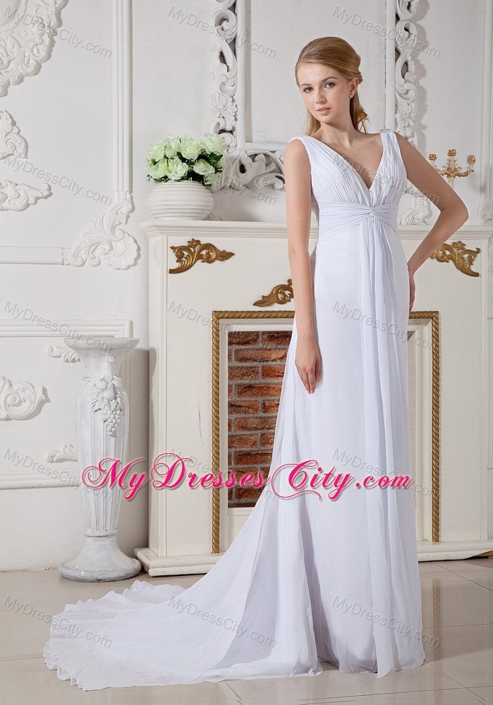Ruching V-neck Watteau Train Chiffon Back Out Bridal Gowns