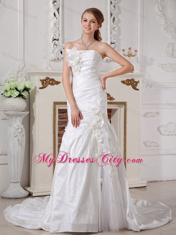 Ruche Beading and Hand Made Flowers Decorated Court Train Bridal Dress