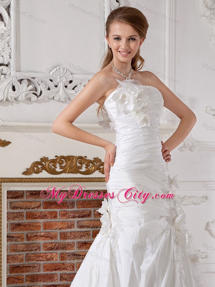 Ruche Beading and Hand Made Flowers Decorated Court Train Bridal Dress