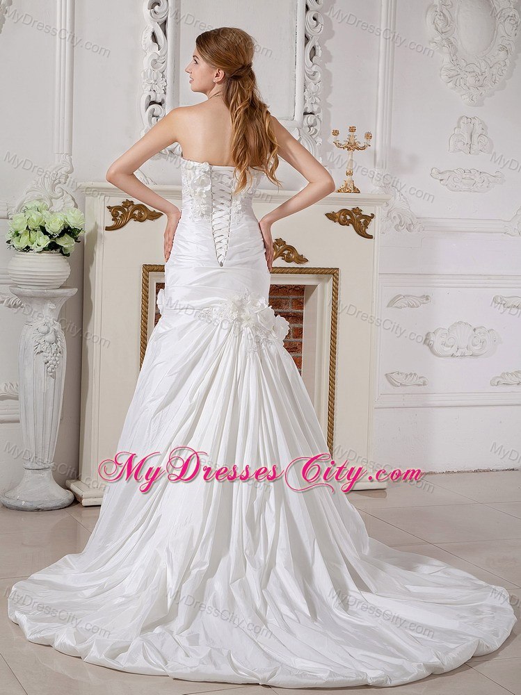 Ruche Beading and Hand Made Flowers Decorated Court Train Bridal Dress