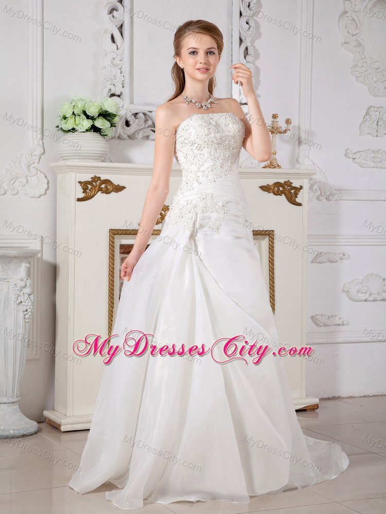 Organza Lace Ruching Strapless Wedding Gowns with Court Train