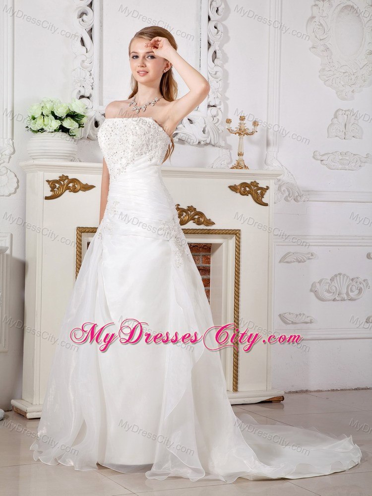 Organza Lace Ruching Strapless Wedding Gowns with Court Train