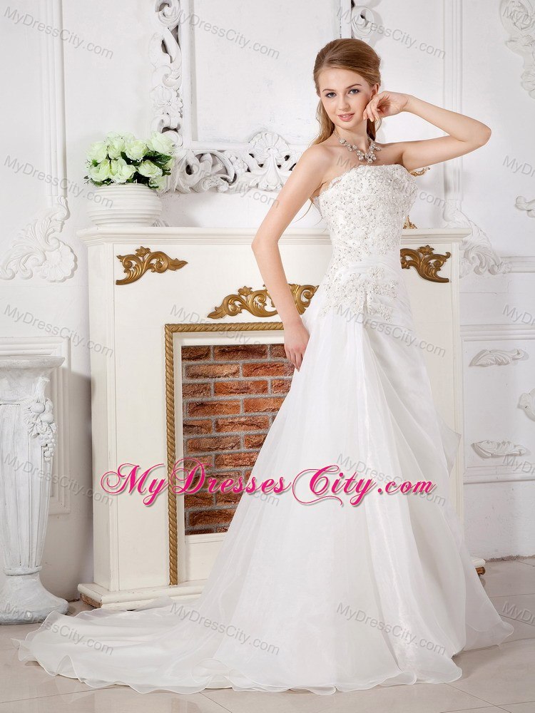 Organza Lace Ruching Strapless Wedding Gowns with Court Train