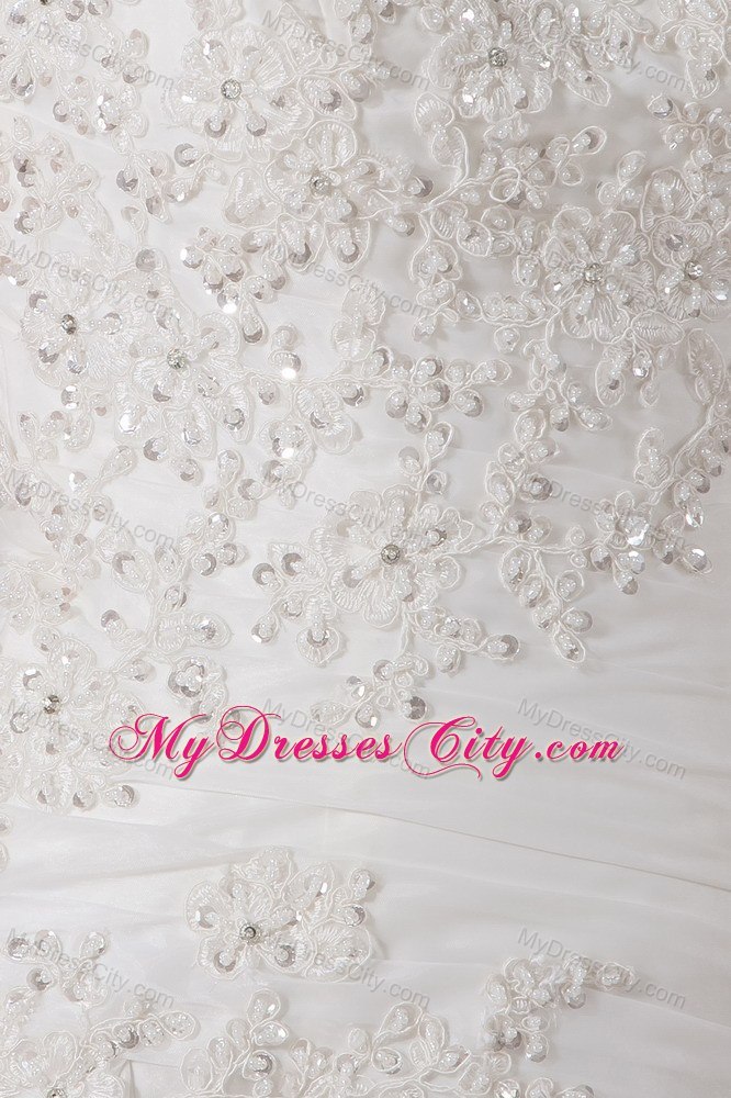 Organza Lace Ruching Strapless Wedding Gowns with Court Train