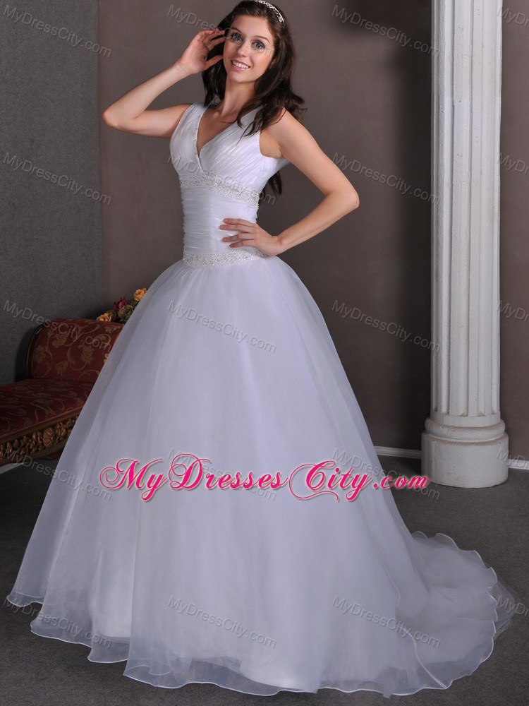 V-neck Ruche and Beading Simple Bridal Gowns with Court Train