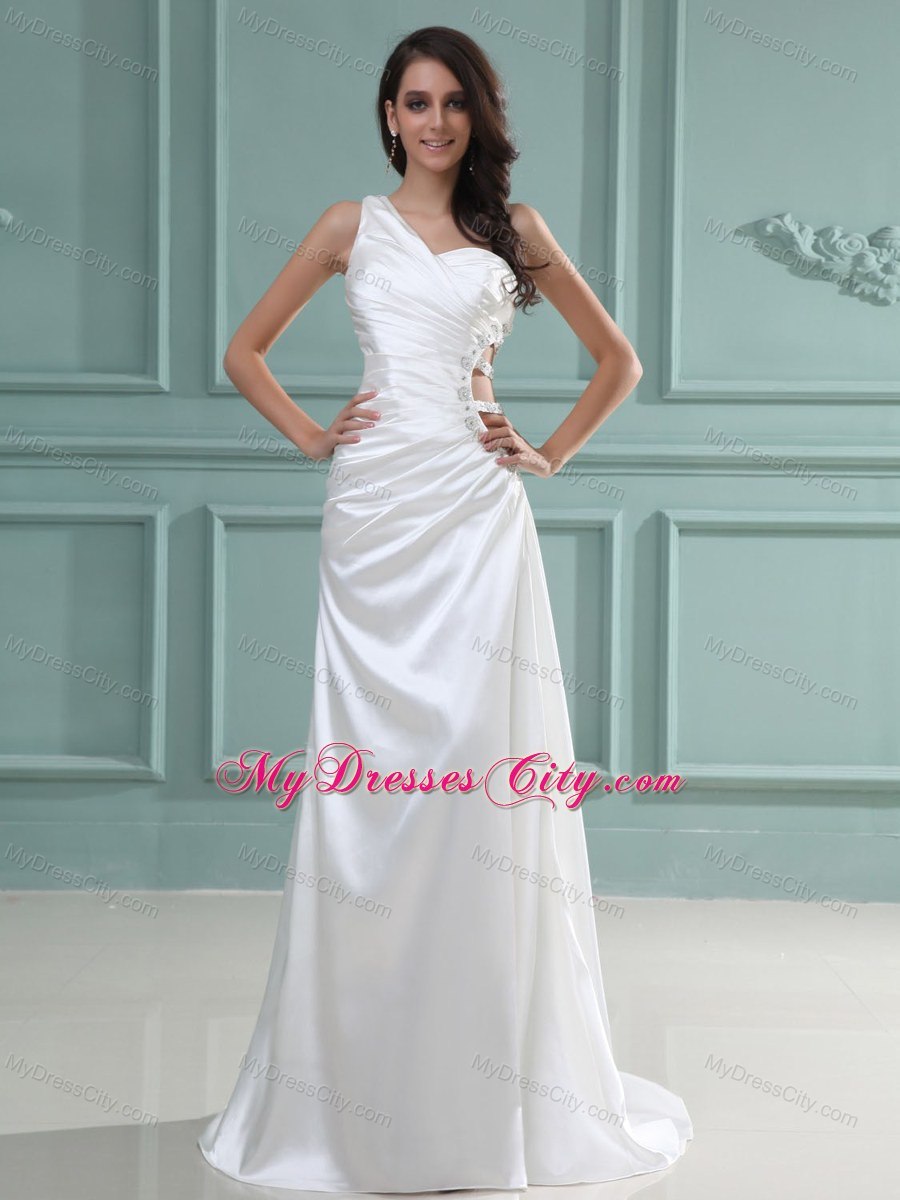 One Shoulder Ruching Beaded Sexy Wedding Dresses with Cut Out Straps Side