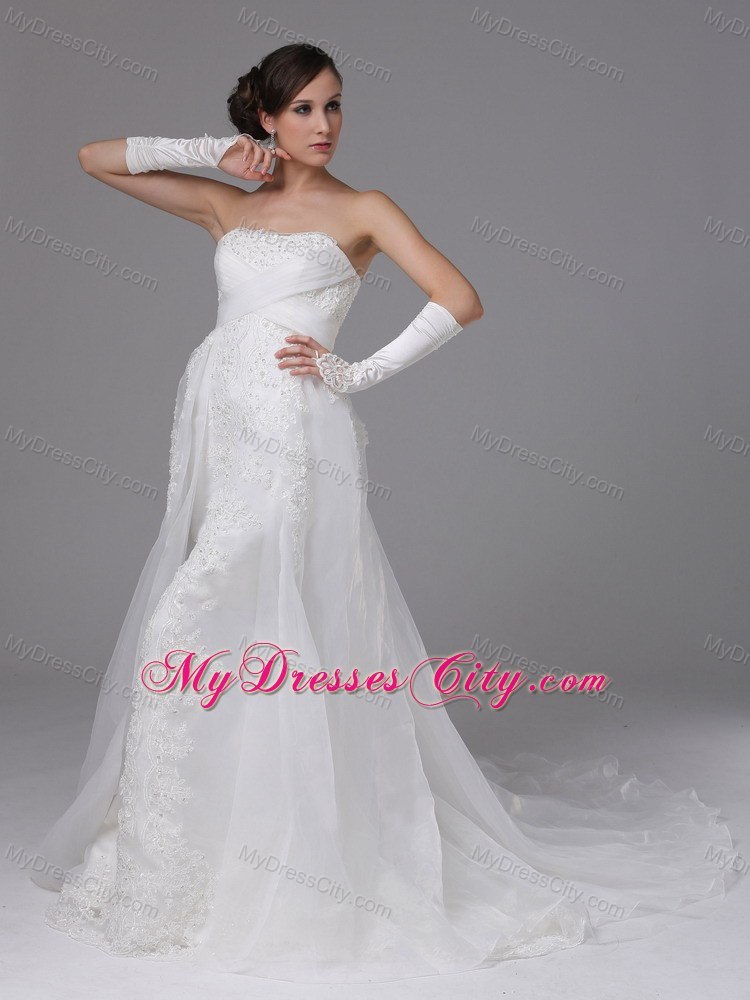 Organza and Lace Strapless Court Train Luxurious Wedding Anniversary Dress