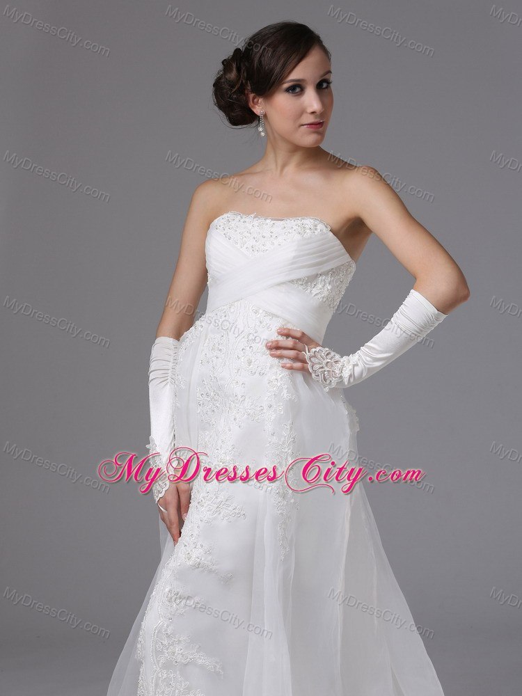 Organza and Lace Strapless Court Train Luxurious Wedding Anniversary Dress