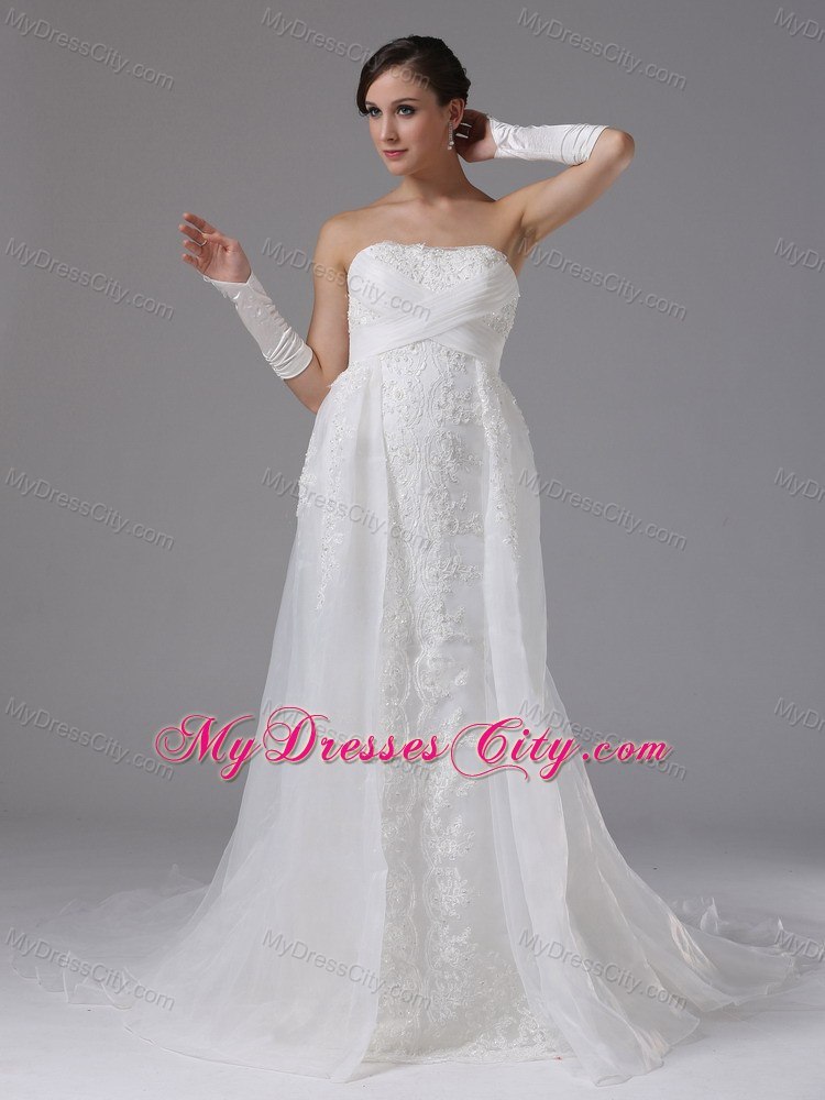 Organza and Lace Strapless Court Train Luxurious Wedding Anniversary Dress