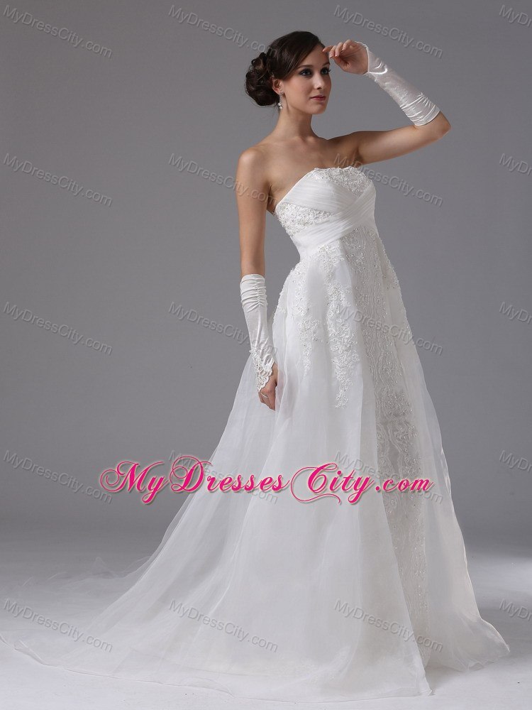 Organza and Lace Strapless Court Train Luxurious Wedding Anniversary Dress