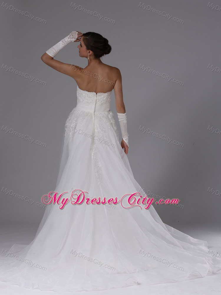 Organza and Lace Strapless Court Train Luxurious Wedding Anniversary Dress