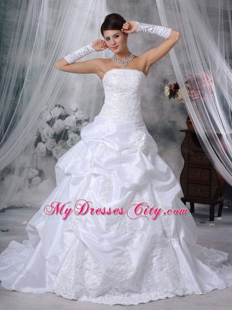 New Arrival Flowers Lace Pick Ups Court Train 2013 Church Wedding Dresses