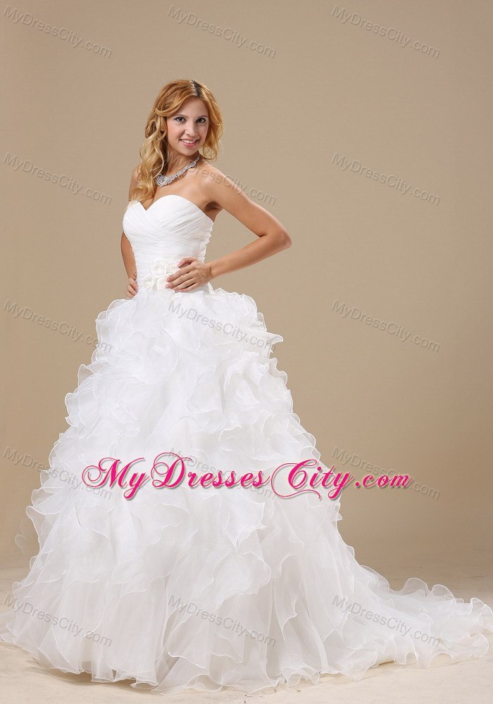 Organza Ruffles Flowers Sweetheart Ruching Wedding Dresses for Garden