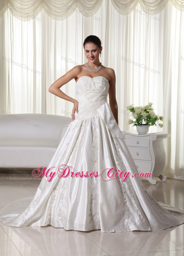 Pretty Ruched Embroidery Beaded Chapel Train Church Wedding Dresses