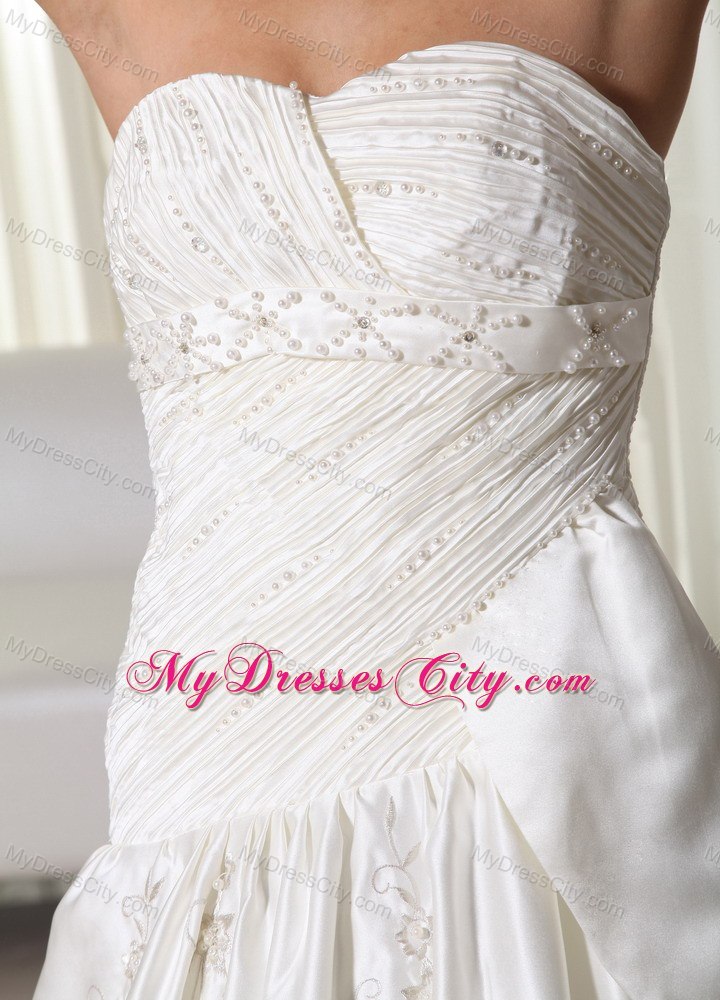 Pretty Ruched Embroidery Beaded Chapel Train Church Wedding Dresses